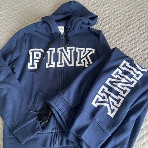 PINK Victoria's Secret Navy Zip Hoodie and Joggers with Bold Logo